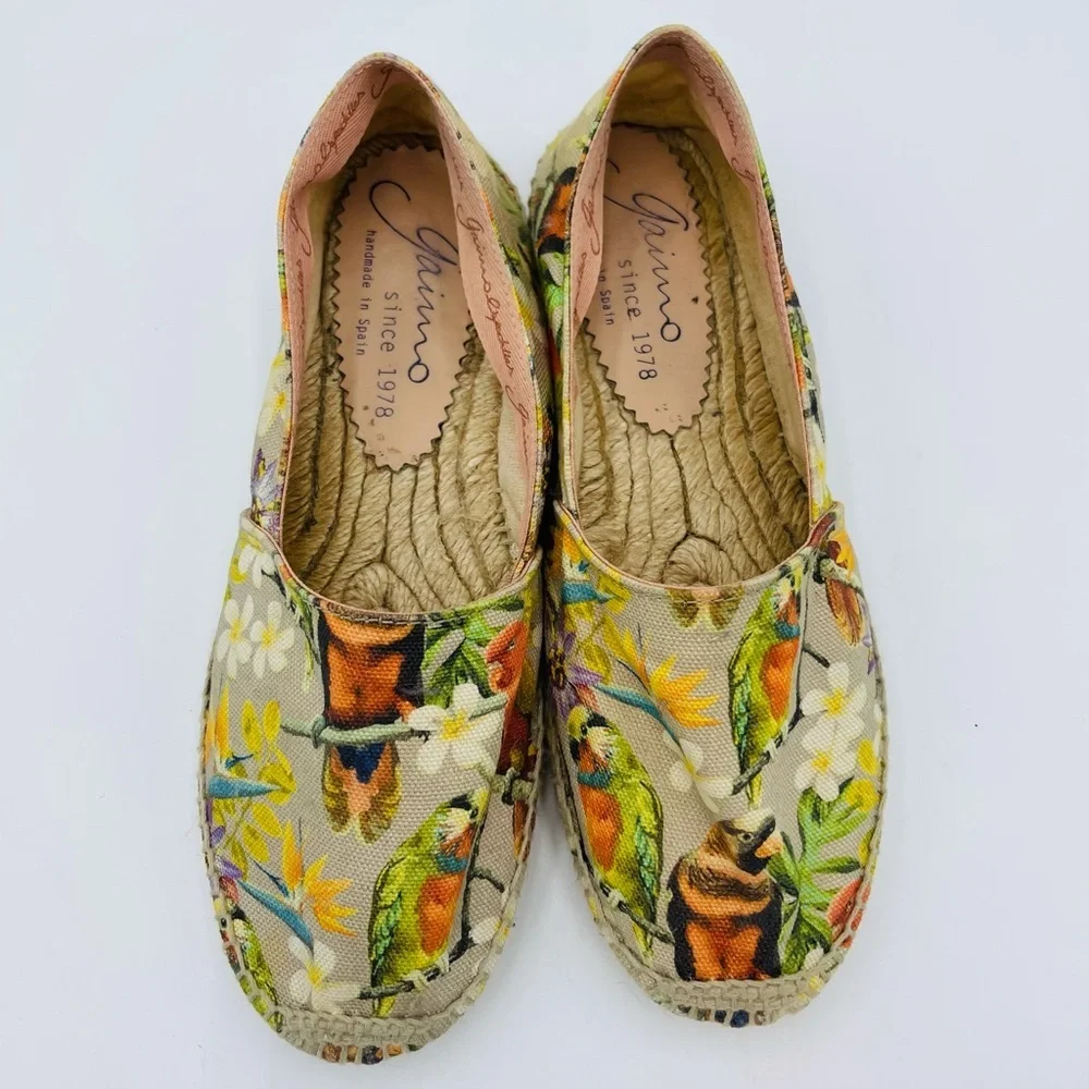 Gaimo Floral Bird Print Espadrilles Spring Slip on Flats
